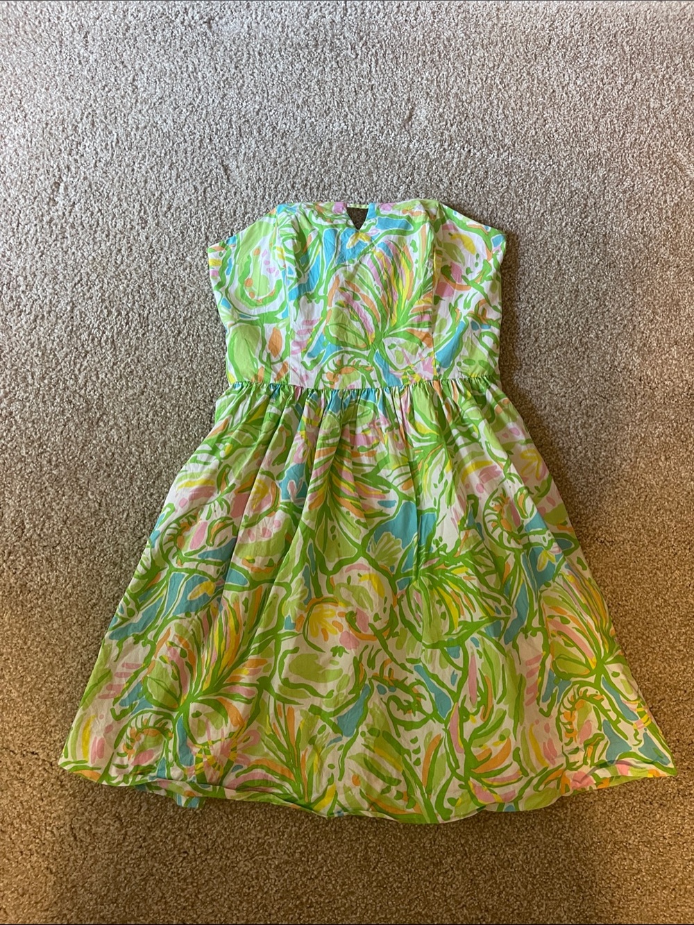 Lilly Pulitzer Strapless Green Floral Cotton Sundress with Pink & Blue Accents